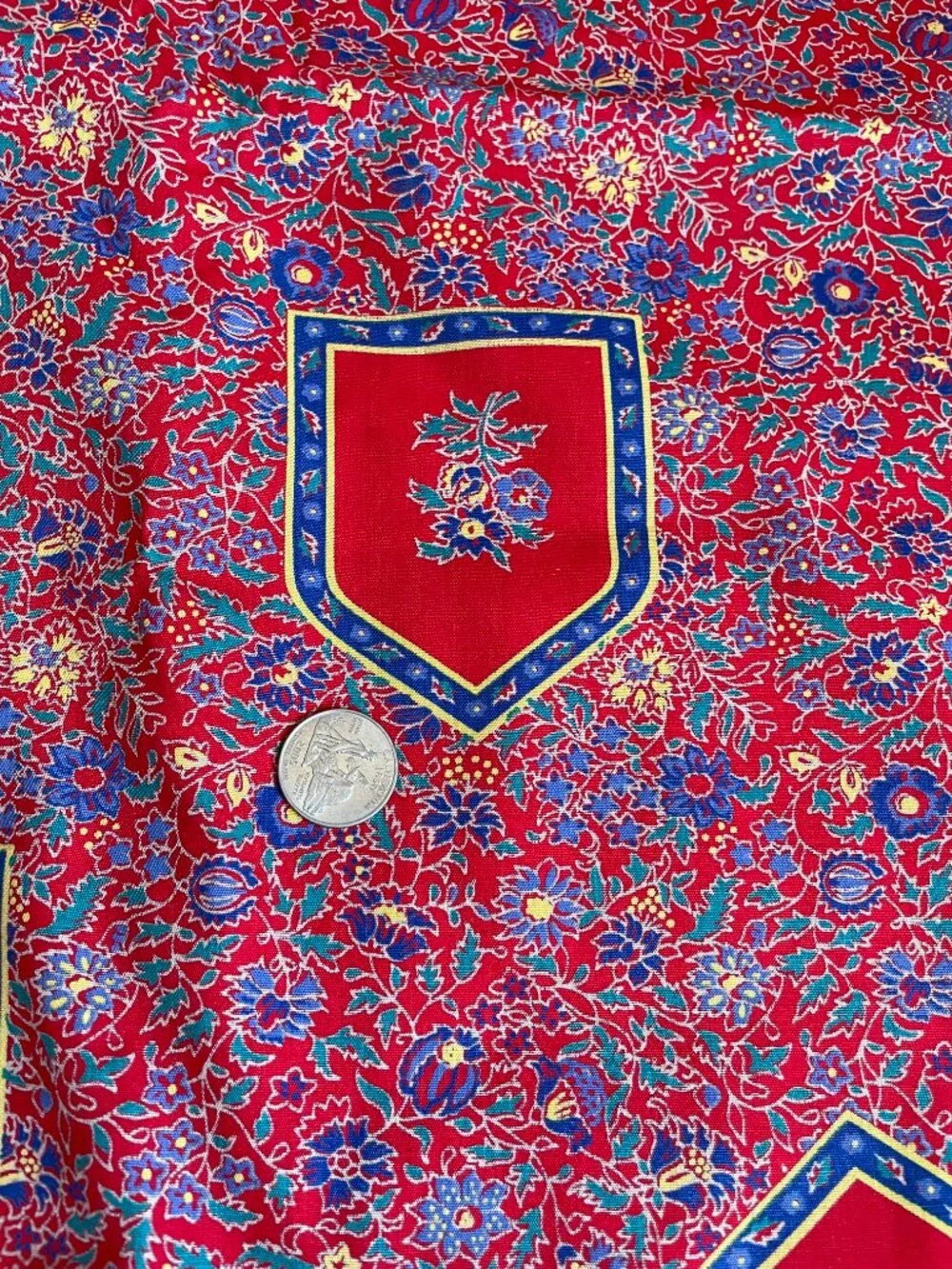 3y x 44” Vintage Floral Bright Red Blue Yellow Print Reversible Cotton Fabric